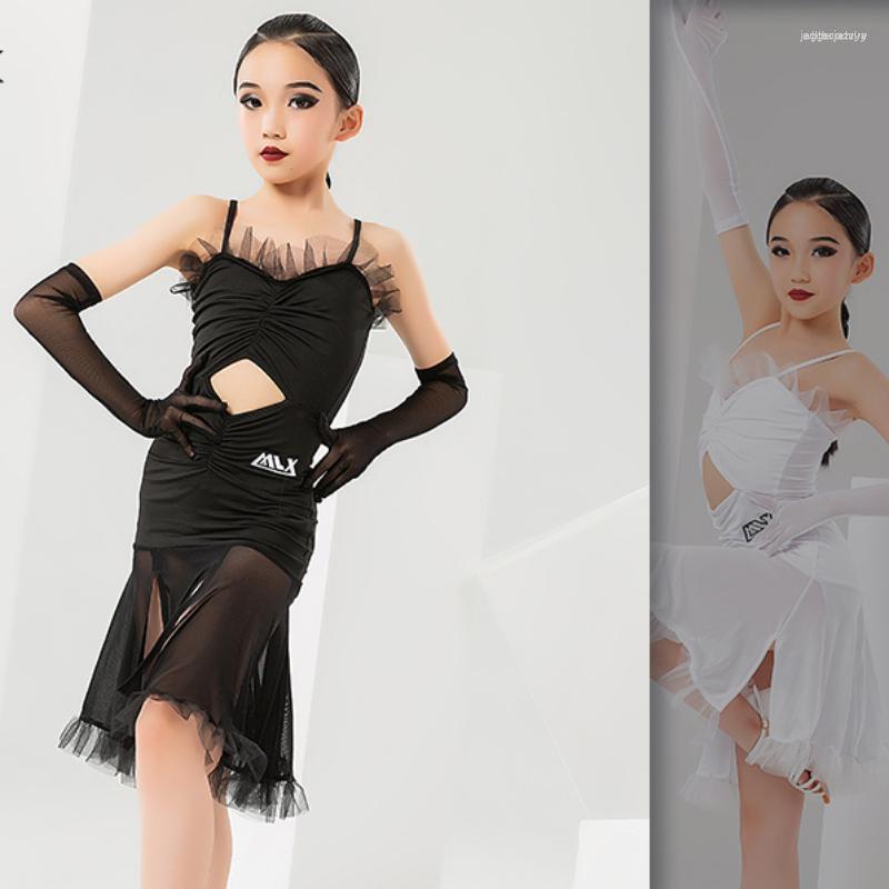 

Stage Wear 8507 Lotus Sleeveless With Gloves Kids Latin Dance Dress Perfectional Girls Peformance Dancewear Dancing Costumes, 002