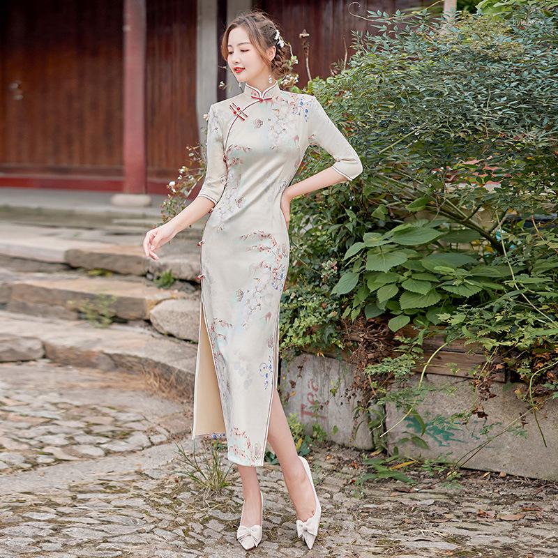 

Ethnic Clothing Vintage Elegant Fashion Qipao Chinese Style Button Side Open Slim Fit Long Cheongsam Satin Sexy Traditional Retro Dress