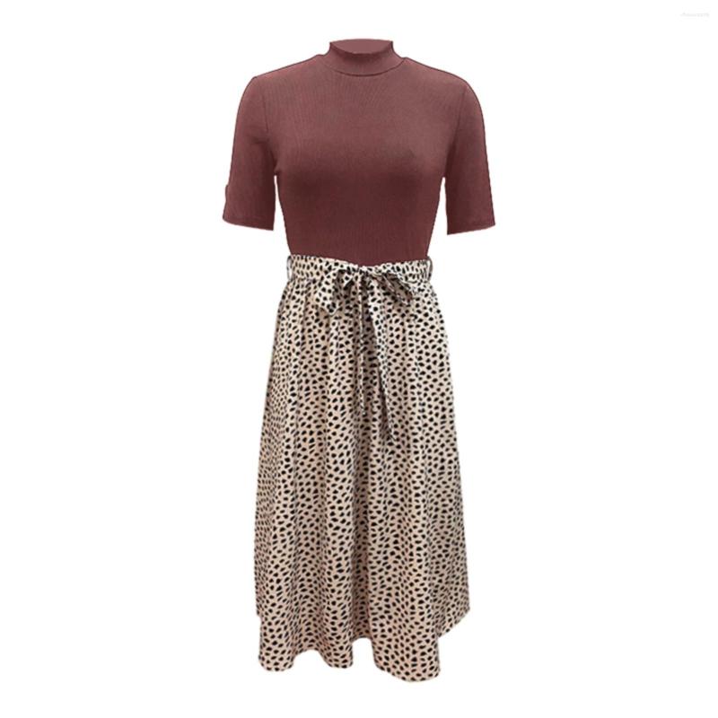 

Casual Dresses Summer Fashion Ladies Long Dress High Neck Leopard Stitching, Red