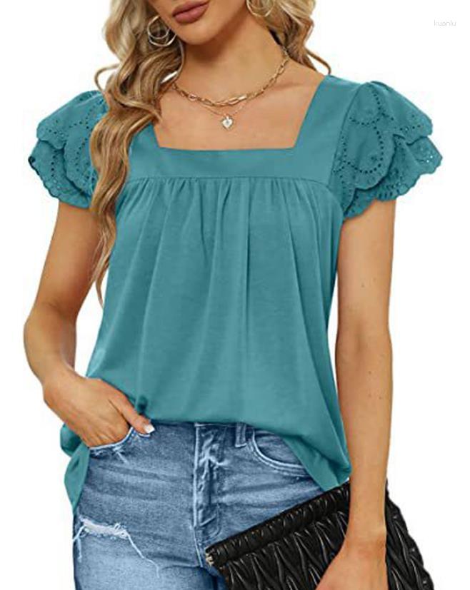 

Women' Blouses Women' T-Shirt Tops 2023 Summer Solid Color Square Collar Lotus Leaf Sleeves Pleated Daily Casual T-Shirts Y2K Clothes