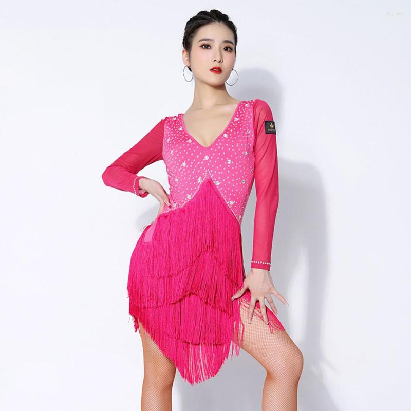 

Stage Wear Female Fringe Latin Dance Dress V-Neck Mesh Ballroom Performance Rhinestone Cha Samba Rumba NY20 2235, Red