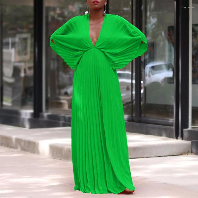 

Ethnic Clothing 2023 African Dresses For Women Summer Elegant Long Sleeve V-neck Polyester Yellow Green Pleated Dress Maxi