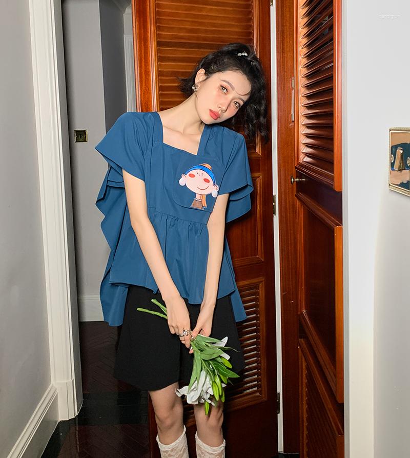 

Women' Blouses GkyocQ 2023 Summer Women Chiffon Tops Square Neck Tees Loose Sleeveless Cartoon Printed Blouse Sweet Girls Korean Female, Blue