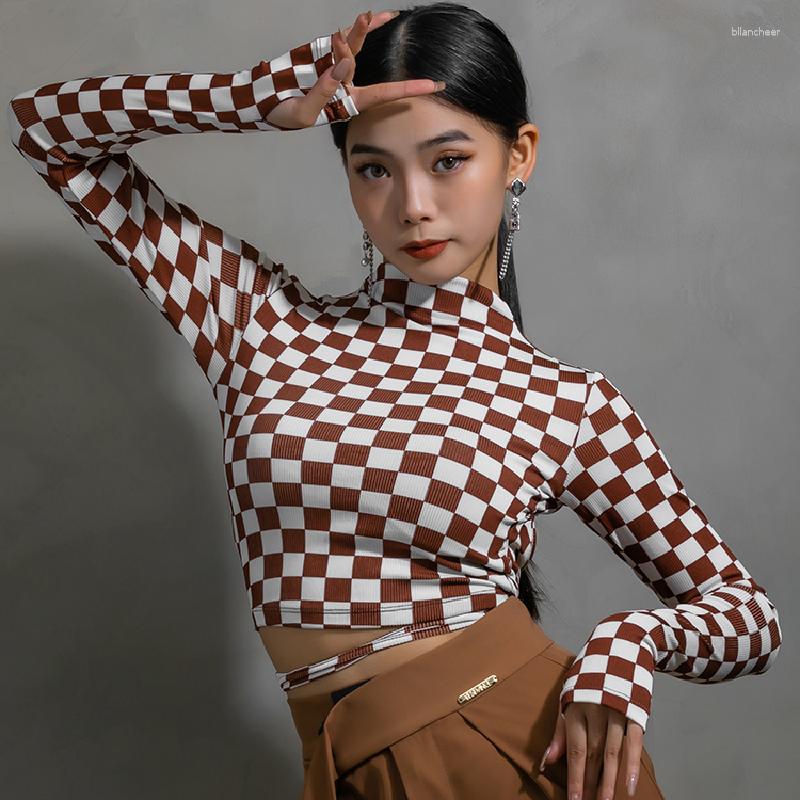 

Stage Wear 2023 Autumn Latin Dance Top Shirts Backless Sexy Latino Clothes Long Sleeve Peformance Costumes Cha YS540, Grid shirt