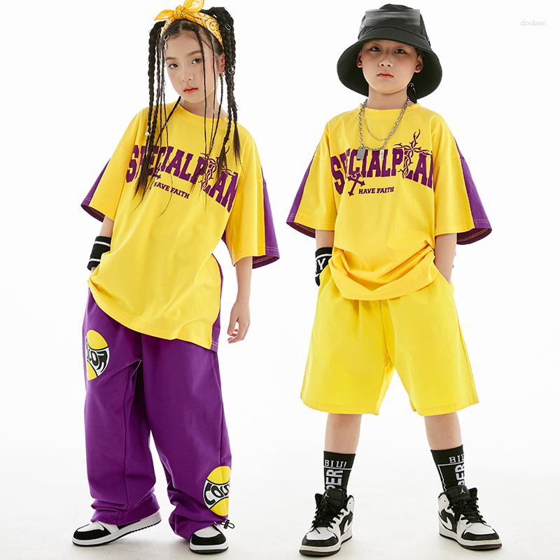 

Stage Wear Hip Hop Dance Costume Boys Girls Performance Outfit Yellow T Shirt Tops Loose Pants Summer Fashion Children Clothing BL10363