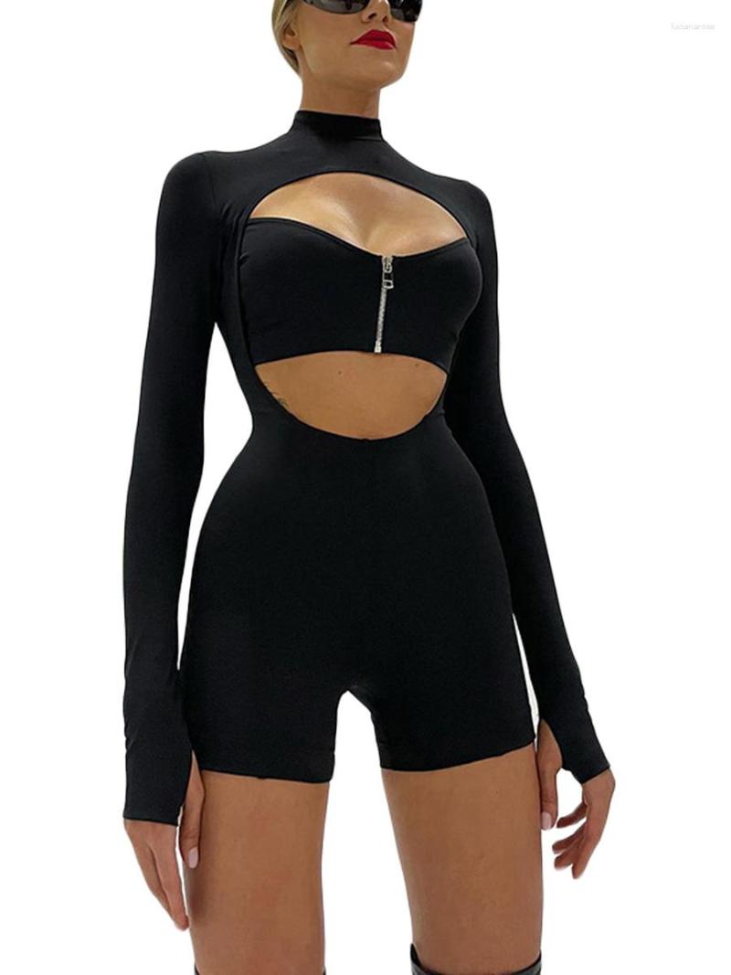 

Women' Tracksuits Women Sexy Hollow Out Short Jumpsuit Long Sleeve Turtleneck Bodycon Romper Cutout Zipper Bodysuit Playsuit Club Party, Black
