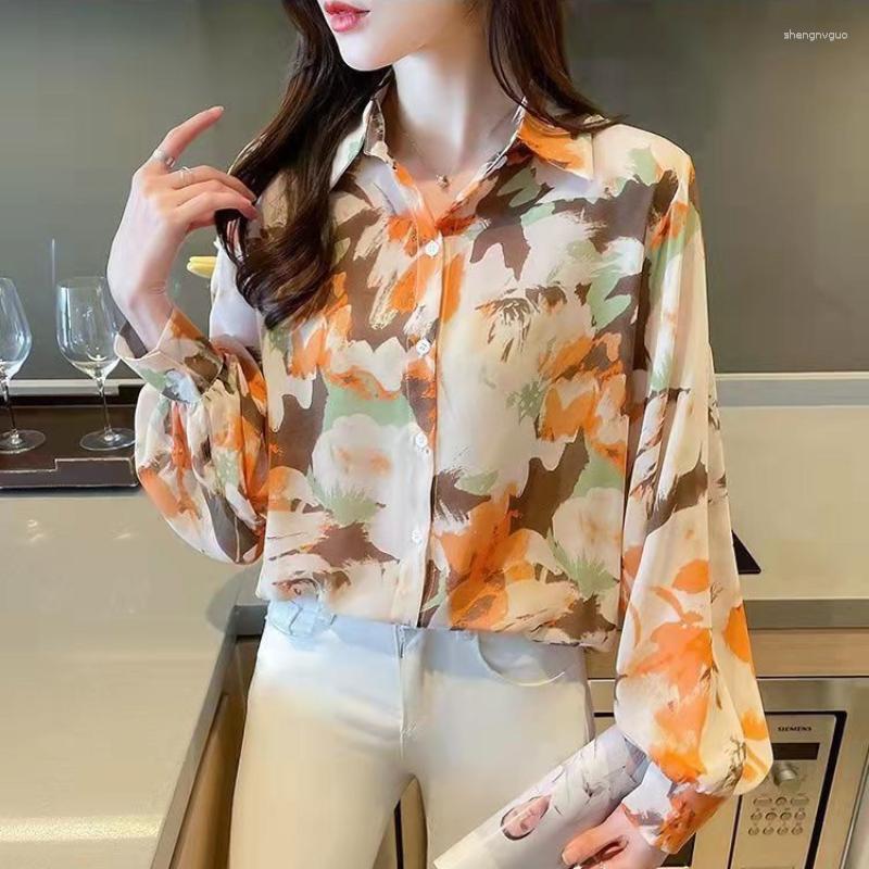 

Women' Blouses Colorful Print Chiffon Shirt Spring Summer Fashion Blouse 2023 Long Sleeve Turn Down Collar For Female Korean Style, As the picture