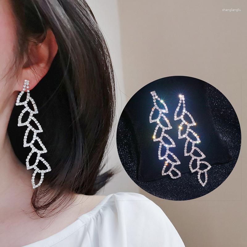 

Dangle Earrings Luxury Shiny Full Rhinestone Long For Women Crystal Leaves Drop Weddings Bride Jewelry Accessories