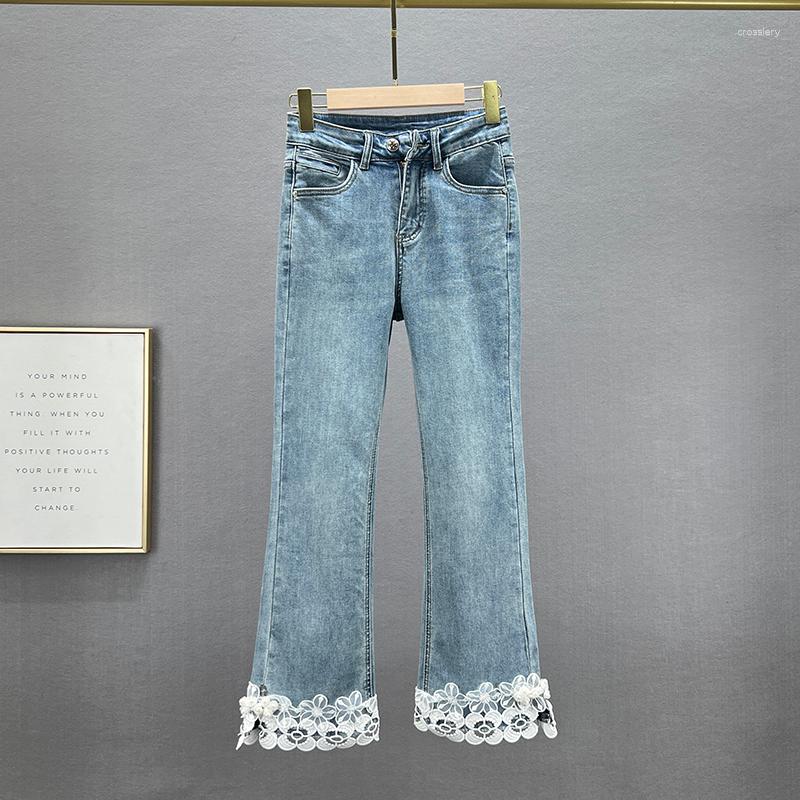 

Women' Jeans Women' Skinny 2023 Spring Stretchy Denim Pants High Waist Slimming All-Match Lace Splicing Beads Cropped Mujer, Retro blue