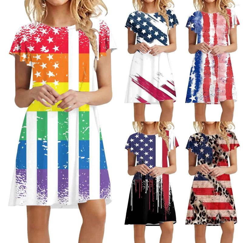 

Casual Dresses Womens Independence Day Printed Dress Short Sleeve Round Tie Pocket, Black
