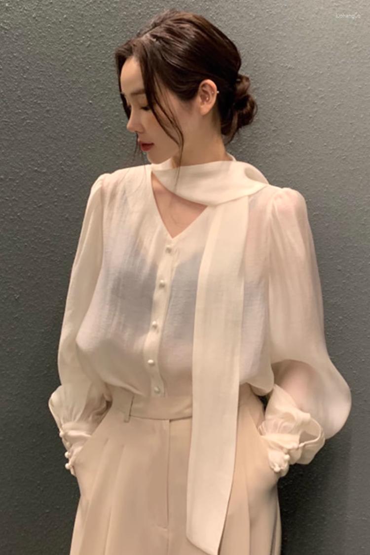 

Women's Blouses Korobov Chic Summer Elegant Shirts Temperament V-neck Loose Casual Solid Color Long-sleeved Top Female Camisas Y Blusas, Black