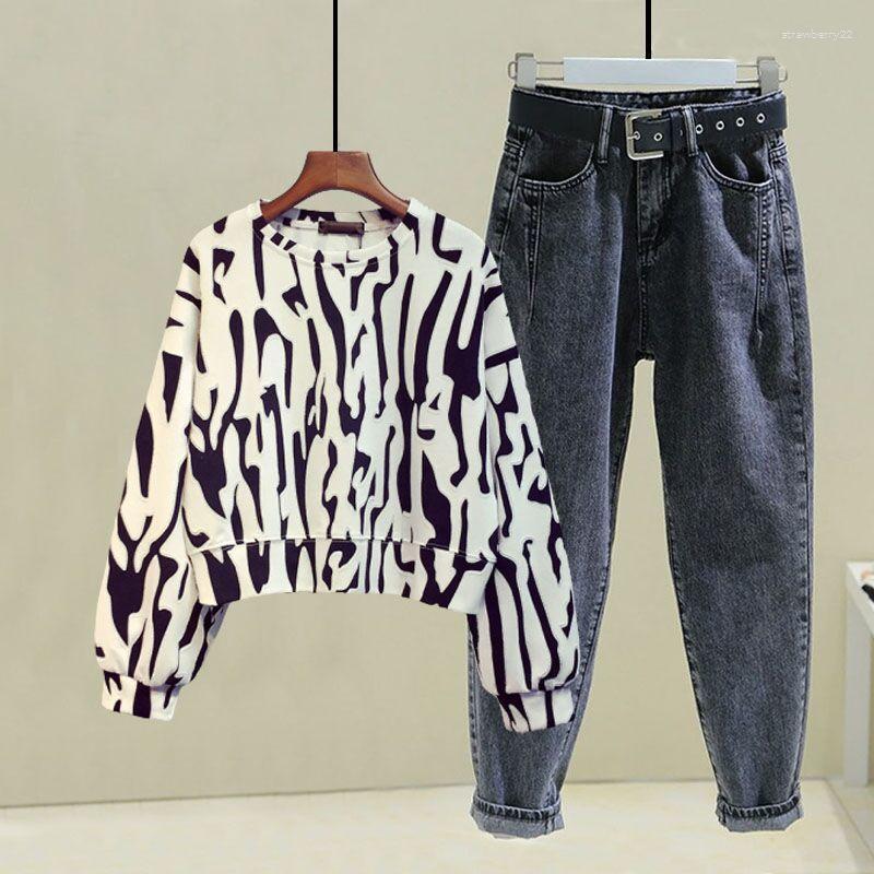 

Women' Two Piece Pants Ladies Korean Pieces Set Casual Autumn Printed Long Sleeve Top Harem Denim Pant Suit Female Vintage Jeans Q682, White and blue