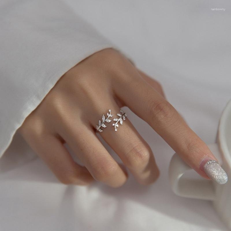 

Wedding Rings Trendy Silver Color Sweet Romantic Zircon Open Branch Small Leaf Adjustable Ring For Women Korean Party Jewelry