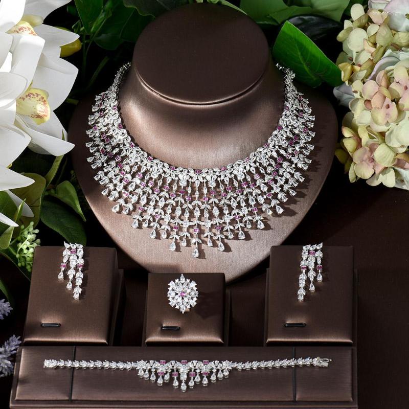 

Necklace Earrings Set Fashion Famous 4PCS Red CZ Luxury African Jewelry For Women Wedding Party Zircon Crystal Dubai Bridal N-876, Picture shown
