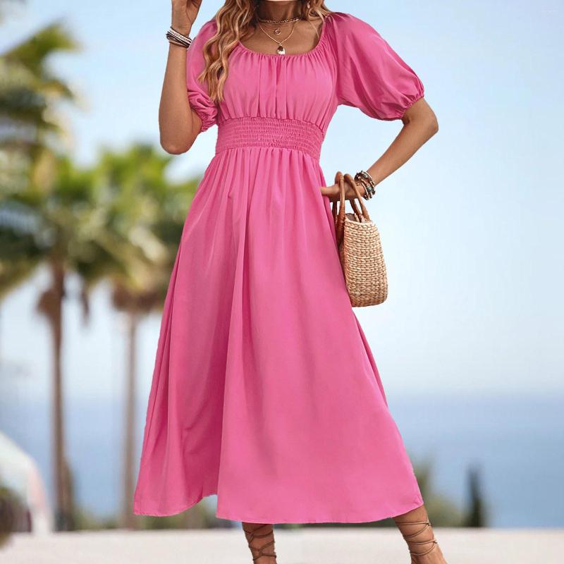 

Casual Dresses Korean Midi Summer Solid Color Drop Shoulder Elastic Square Neckline Swing Dress Beach Vestidos, Black