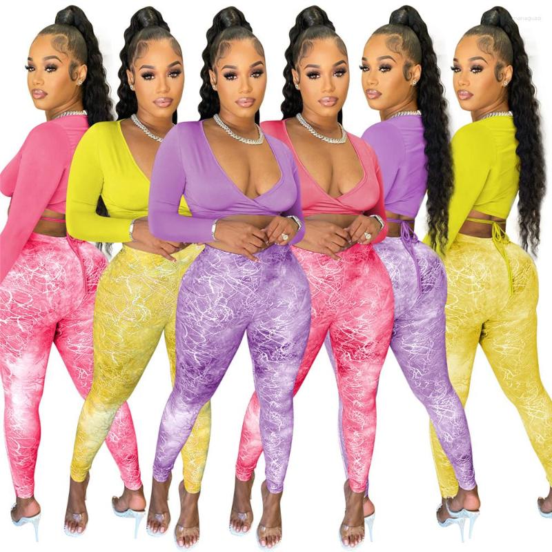 

Women' Two Piece Pants Sexy Set Women Long Sleeve Bandage Crop Top Print High Waisted Party Club Outfits Autumn Vacation Matching Sets, Pink