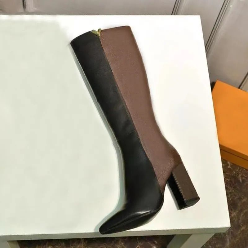 

autumn winter Letter Long fashion sexy Western thick heel boot Arabic women designer shoes lady cowhide Thick high heels zipper shoe Large size 35-42 with box, Brown