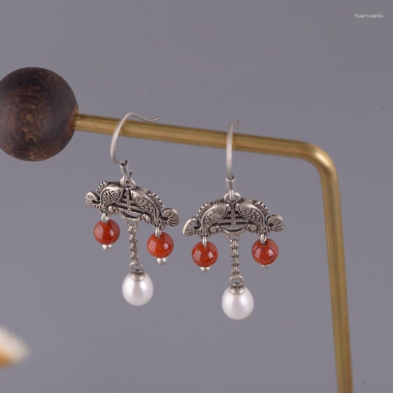 

Dangle Earrings FNJ Double Fish Pearl 925 Silver Original Pure S925 Sterling Drop Earring For Women Jewelry Red Agate