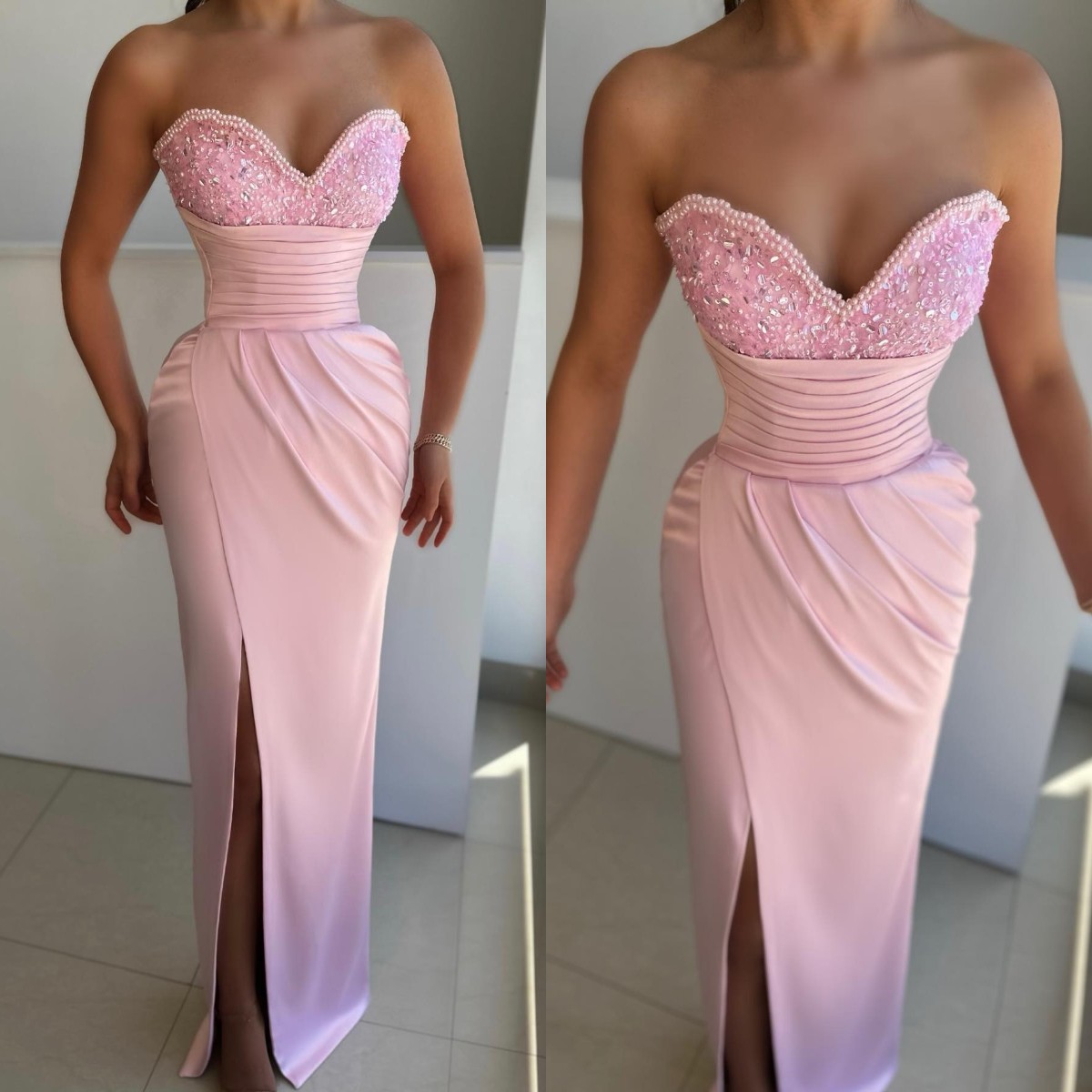 

Elegant Pink Evening Gown Pearls Sequins Sweetheart Split Party Prom Dresses Sweep Train Formal Long Dress for red carpet special occasion, Same as picture