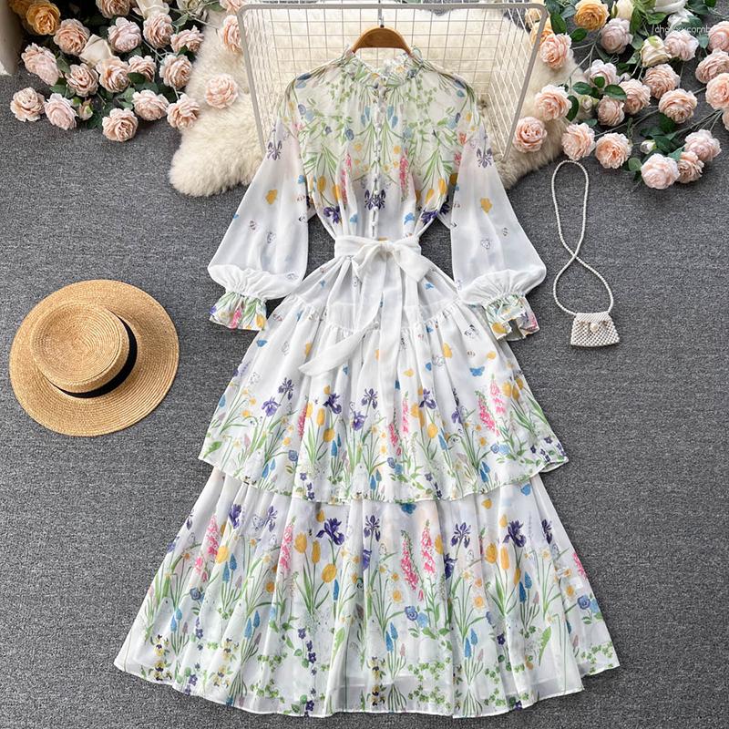 

Casual Dresses 2023 Spring Summer Ruffled Collar Colorful Flower Dress Women Long Flare Sleeve Lace Up Cascading Cake Gorgeous Chiffon, White