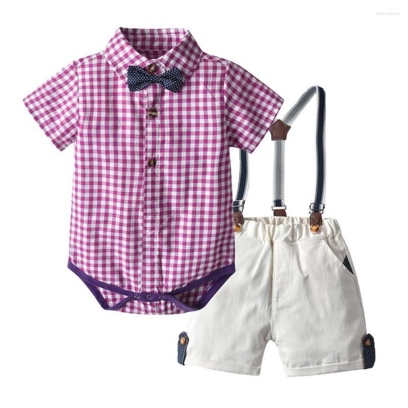 

Clothing Sets Tem Doger Baby Boy Set Gentleman Style Bowtie Romper Plaid Shirt Suspenders Shorts 2Pcs Born Gifts, Purple