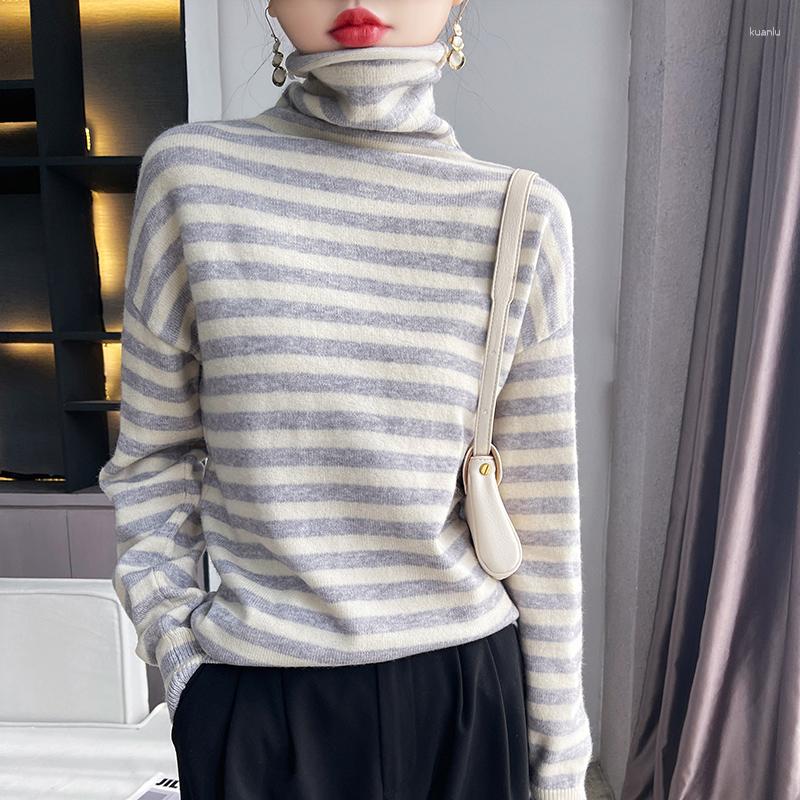 

Women' Sweaters Women Plus Size Pure Wool Sweater Knit Pullovers Spring High-Neck Retro Blouse Loose Cashmere Strip Base Shirt -XXL, Rice coffee
