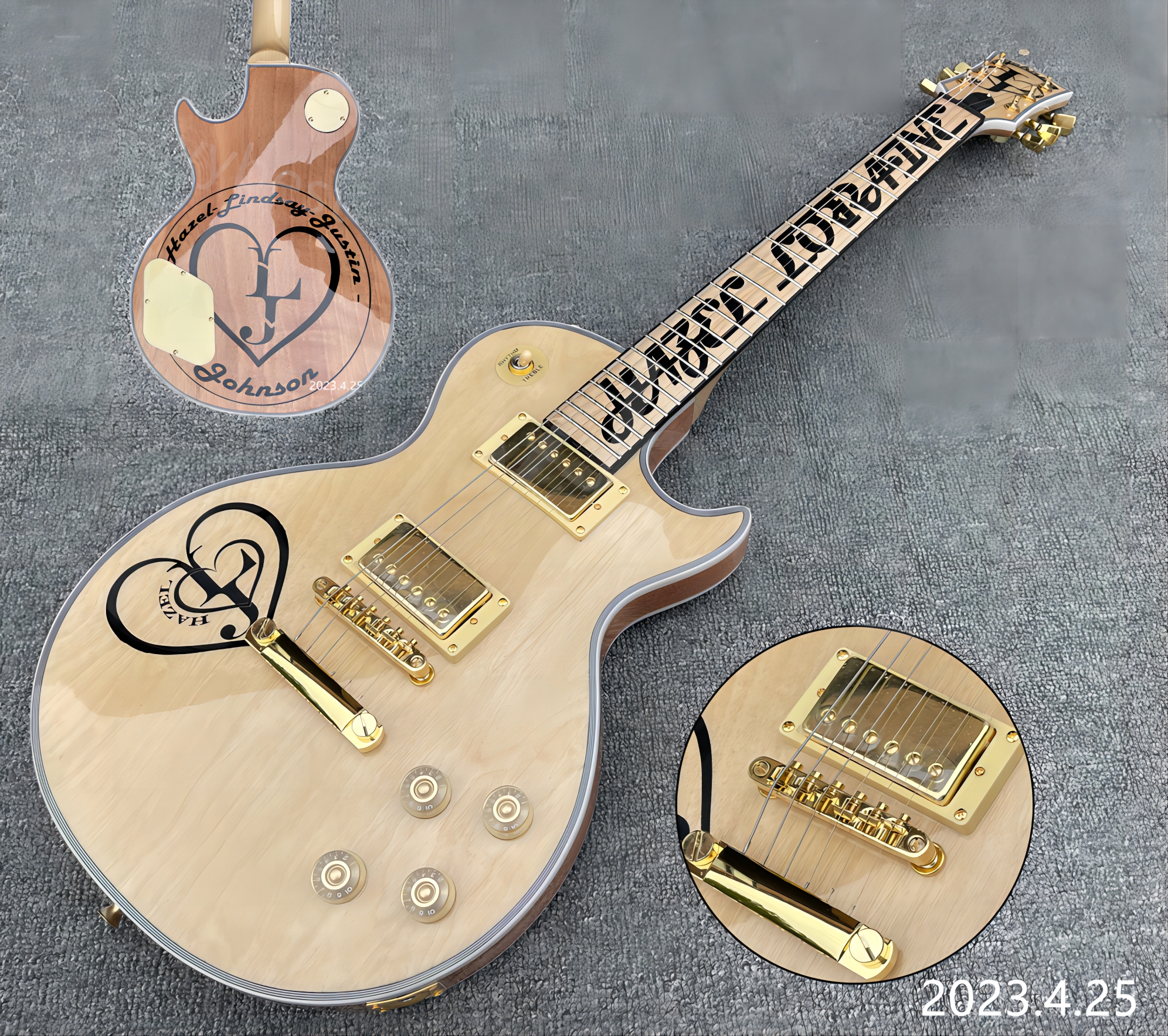 

Custom customers print lp electric guitars with your own logo on the top of the head, special graphics on the upper body and a natural neck in gold on the back