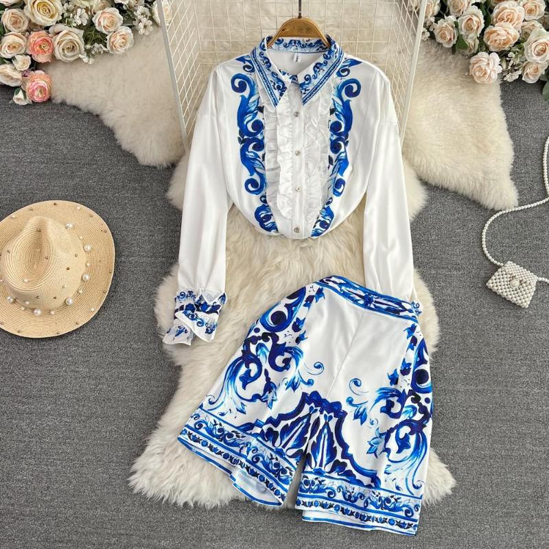 

Women's Tracksuits Fashion Set Vintage Celadon Print Loose Ruffled Long Sleeve Shirt Two Piece High Waist Shorts, White