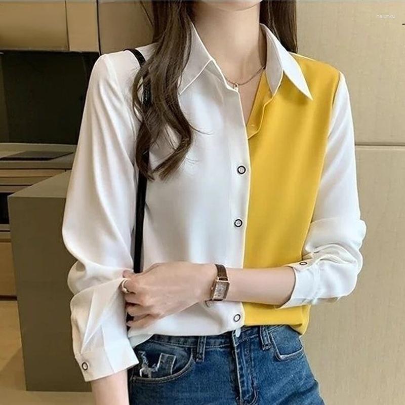 

Women' Blouses Spring Autumn Korean Style Patchwork Long Sleeve Chiffon Shirt Ladies Lapel Elegant Fashion Top Women Simple Wild Blouse, Sky blue