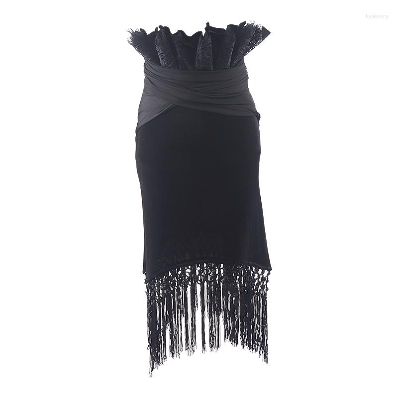 

Stage Wear Latin Dance Practice Clothes Women's Black Fringed Irregular Split Ends Waist Strap Bandage Bag Hip Slim Skirt, Black skirt