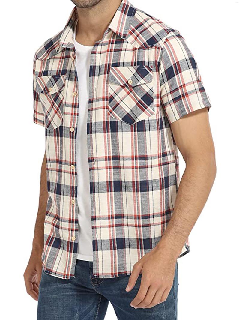 

Men's Casual Shirts Cotton Plaid Short Sleeve Shirt, Navy blue