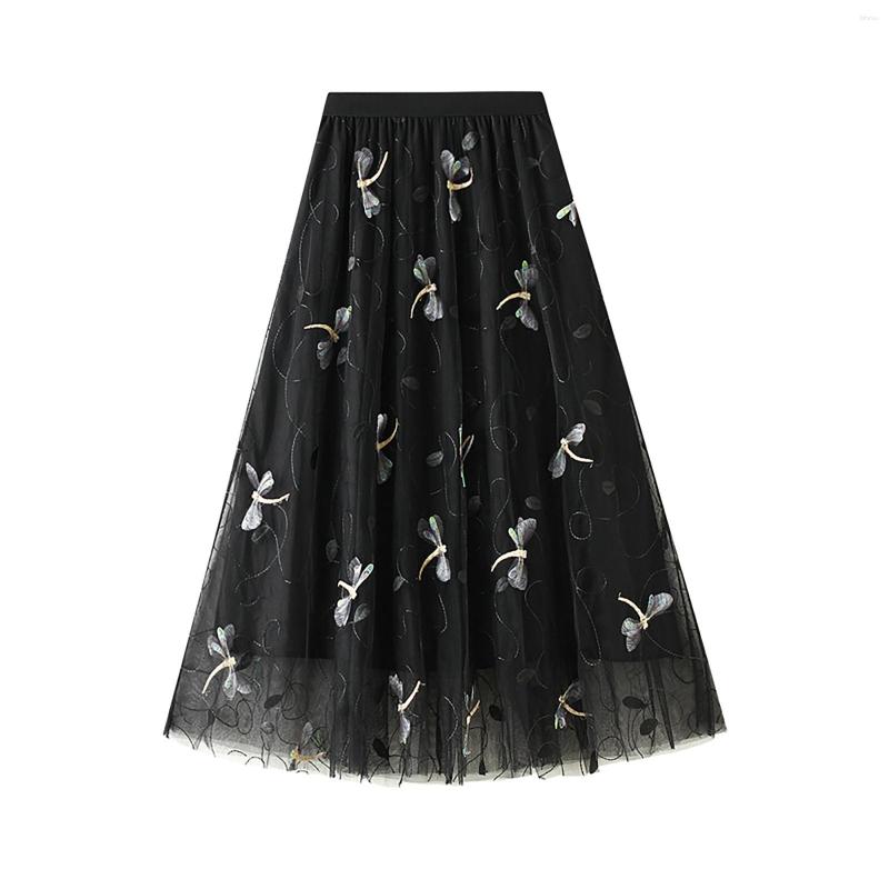 

Skirts Womens Casual 3D Embroidered Dragonflys Accents Mesh Skirt High Waist Maxi, Beige