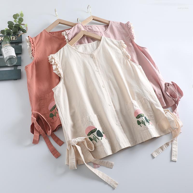 

Women's Vests Summer Sweet Embroidered Pockets Vest Women Single Breasted Sleeveless Top 823-331, No.1