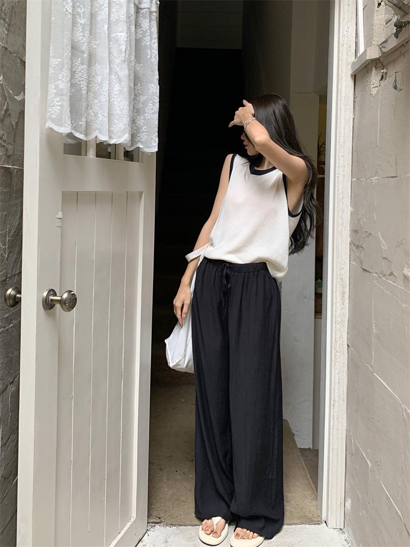 

Women's T Shirts GBG3712 Summer 2023 Vintage Loose Design Tank Top Contrast Round Neck Ice Silk Sleeveless T-shirt For Women, Beige