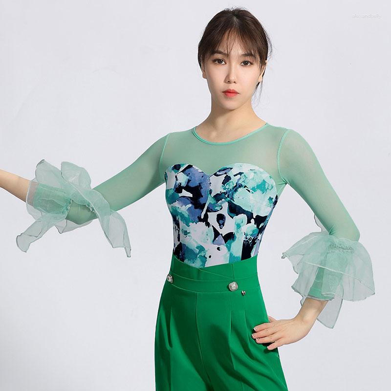 

Stage Wear 2023 Latin Dance Performance Costumes For Women Mesh Sleeved Tops Practice Clothes Ballroom Modern DN11915, Picture shown