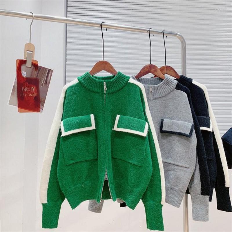 

Women's Knits Korean Fashion Women's Double Pocket Color Contrast Zipper Knitted Cardigan Loose Thickened Winter Sweater Small Coat, Green