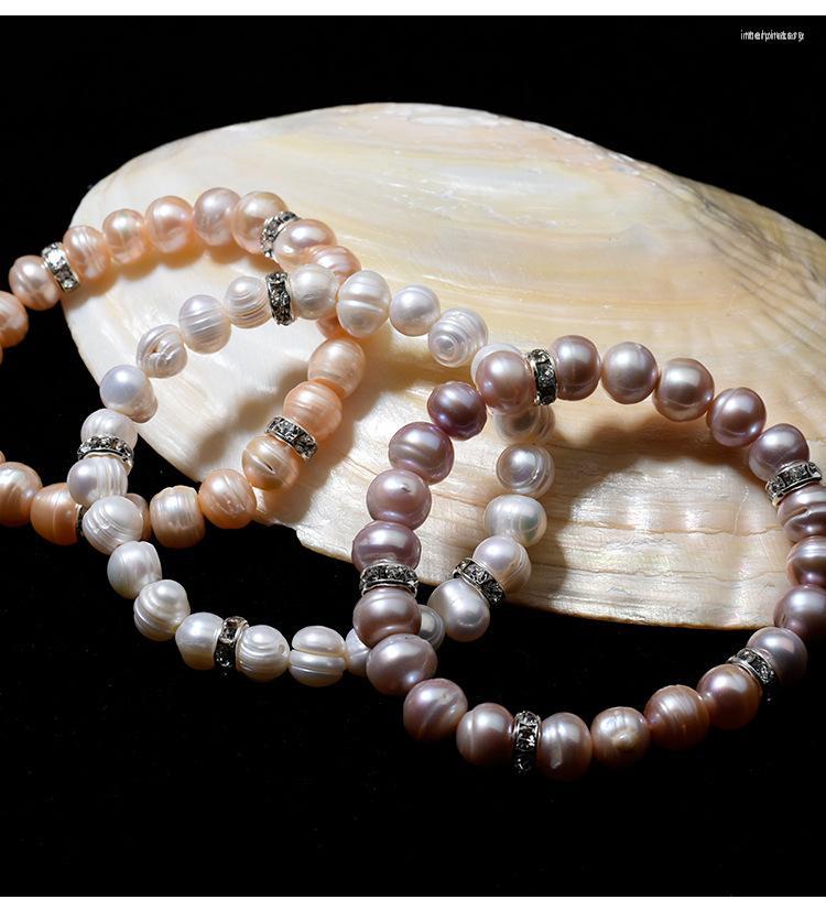 

Strand 8-9mm Elegant Wedding Party Gift Irregular Baroque White Natural Freshwater Pearl Bracelet Rhinestone Charm Elastic Bangle Women