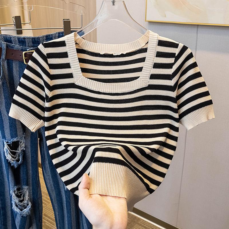 

Women's T Shirts Striped Shirt Women Knitted Top Square Collar 2023 Summer Camisetas Mujer Korean Style Woman Clothes Short Sleeve Knit, Black