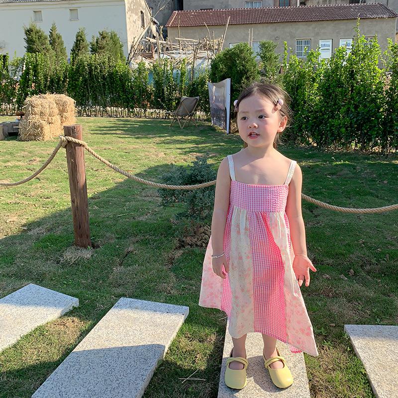 

Girl Dresses 2023 Summer Sweet Cute Princess Style Korean Girls Dress Sleeveless Print Patchwork Fashion Design Cotton Soft Pretty, Pink