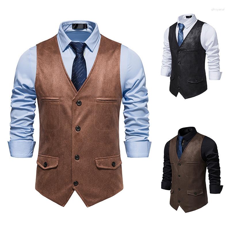 

Men's Vests 2023 Men's Spring V-neck Suede Single-Breasted Casual Vest, Khaki