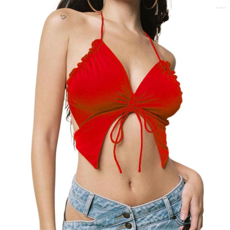 

Women' Tanks & Camis Ruffle Sheer Shirring Exposed Navel Crop Top Butterflies Shape Halter Sling Club Vest Women Clothing, Black