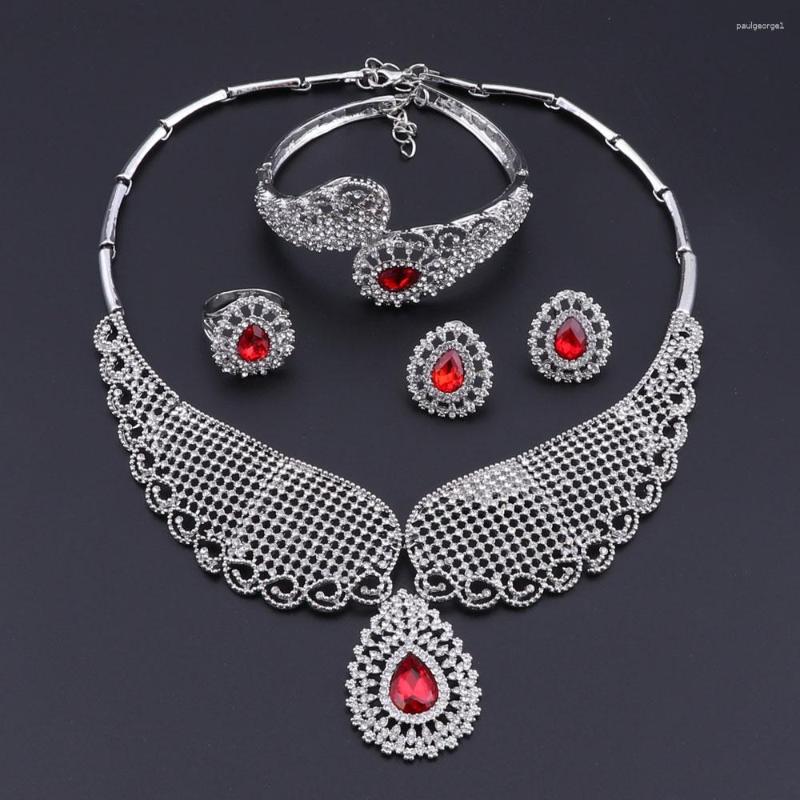 

Necklace Earrings Set OEOEOS Wedding Bridal For Women Red Silver Color CZ Rhinestone Vintage Dubai African Beads Jewelry, Picture shown