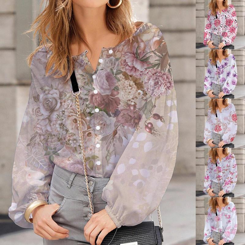 

Women's Blouses 2023 Women's Casual Loose Bubble Sleeve Fashion Flower 3D Vintage Print Holiday European American Style Breathable Baggy, Hot pink