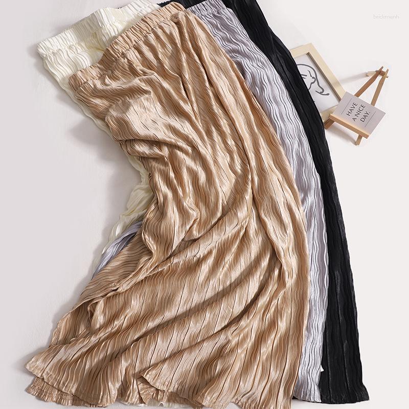 

Skirts Smooth Delicate Flowing Light Pleated Half Skirt Summer Elastic High Waisted Elegant Temperament Midi Split For Women, Khaki
