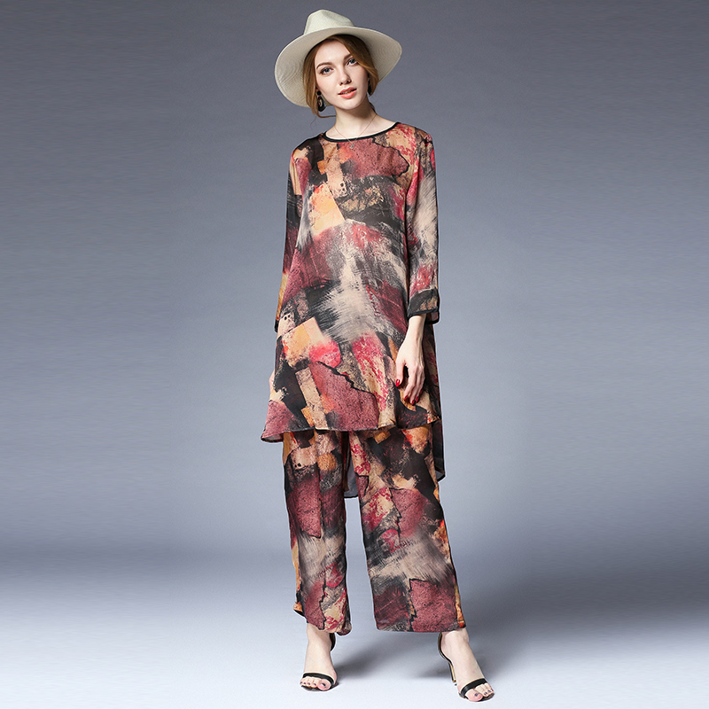 

Womens Plus Size Casual Suits Loose Butterfly Print Elegant Two Piece Summer New Tops And Pants Elastic Waist Round Neck, Dragonfly pattern