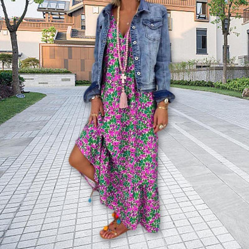 

Casual Dresses Fashion Maxi Dress Breathable Beach Loose Relax Fit Elegant Flower Print Suspenders, Yellow