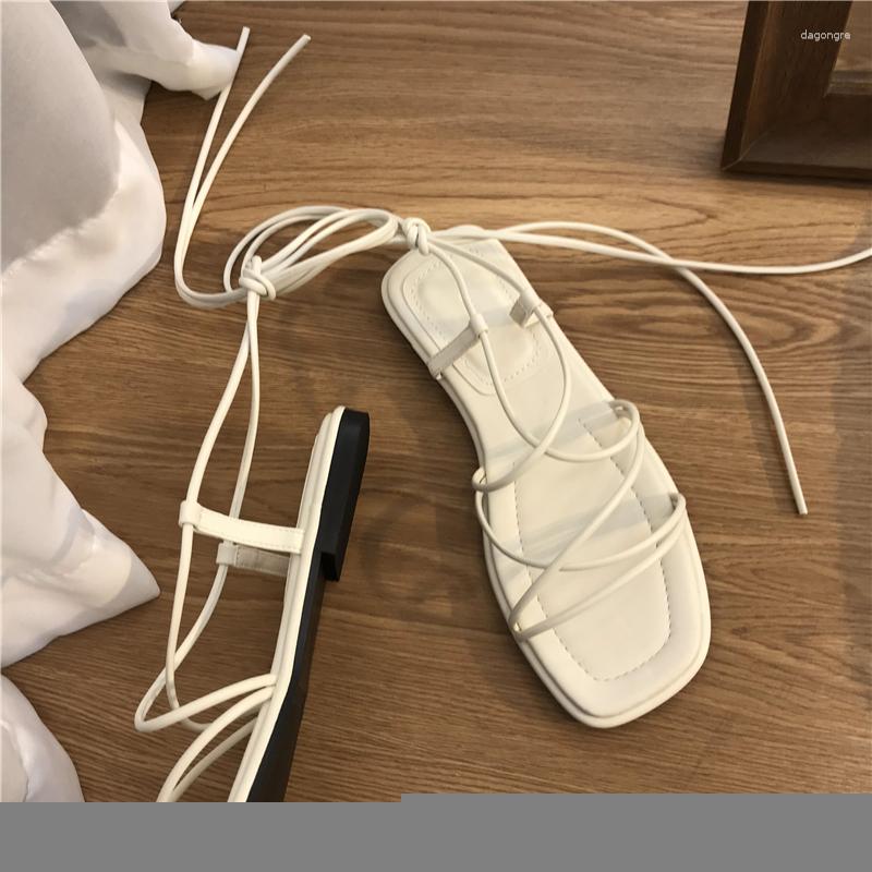 

Sandals Summer Shoes Women Narrow Band Vintage Square Toe Flat Cross Strap Thong V Shape Design, Beige