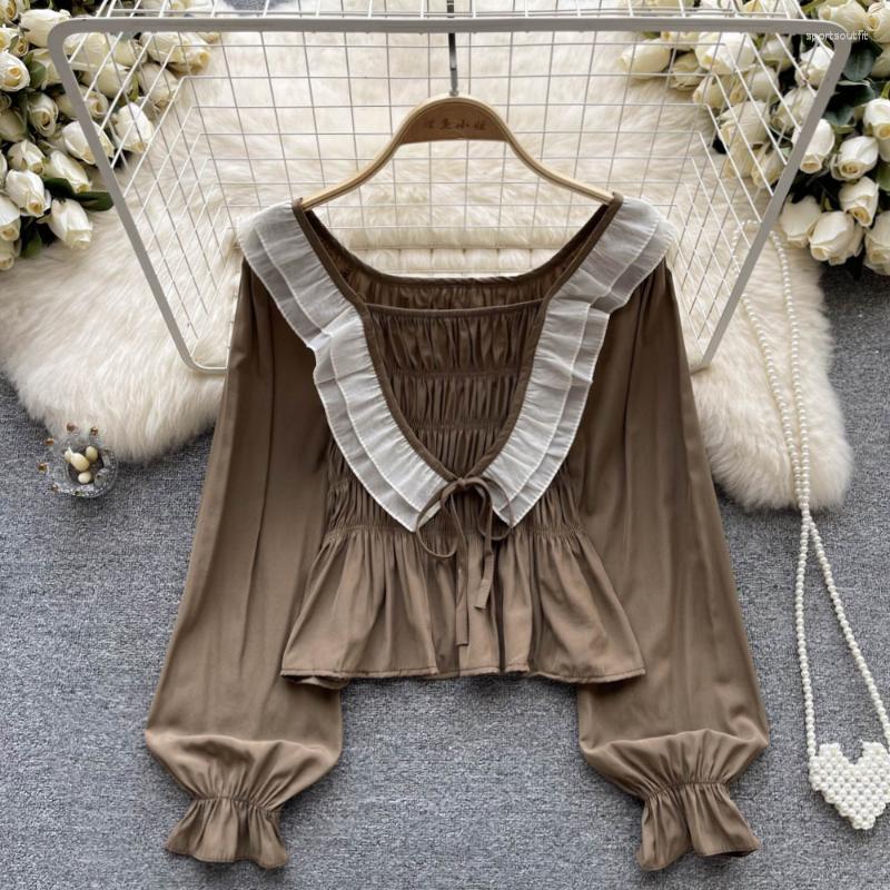 

Women's Blouses Hikigawa Chic Fashion Women Contrast Color Ruffled Pleated Slim Waist Shirts Early Autumn Thin Long SLeeve Blouse Top Mujer, Black