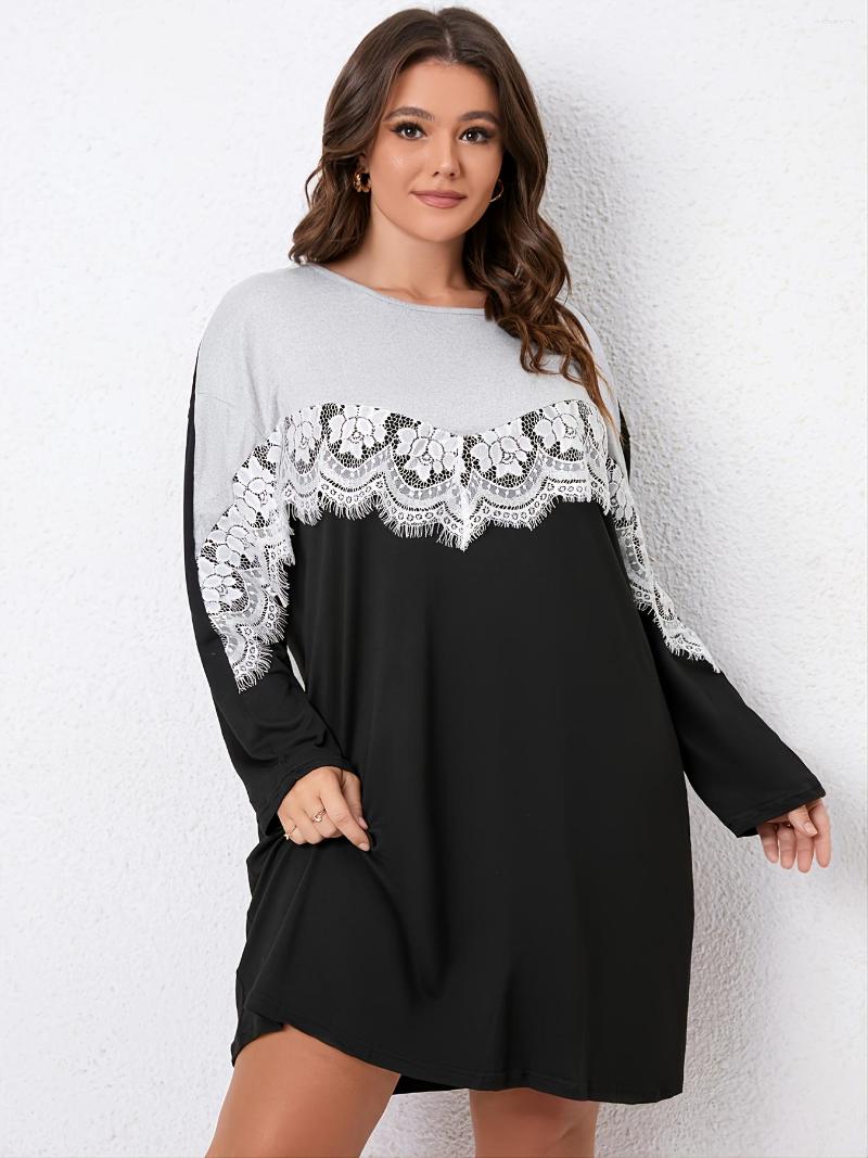 

Plus Size Dresses Contrast Lace Colorblock Round Neck Midi Dress Women's Loose Fit, Black