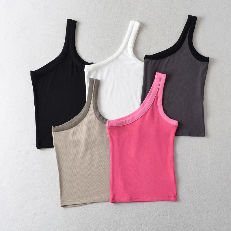 

Women' Tanks Women Sleeveless One Shoulder Patchwork Color Ribbed Vest Tank Top, Khaki